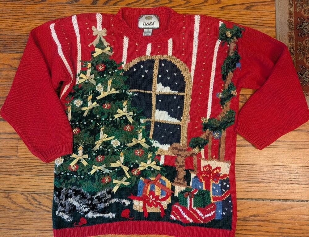 Vintage Tiara International Big Window Christmas Ugly Sweater Women's M Red